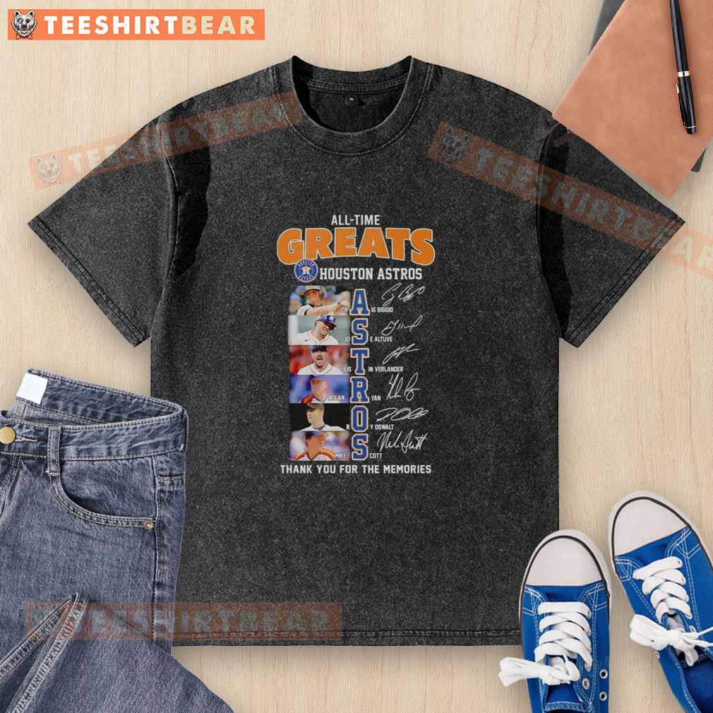 Alt Text: Official Houston Astros all-time greats names and signatures t-shirt featuring player autographs and team logo.