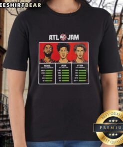 Alt Text: Original Atlanta Hawks Nickeil Jalen and Dyson ATL Jam ladies tee featuring vibrant team colors and stylish design.