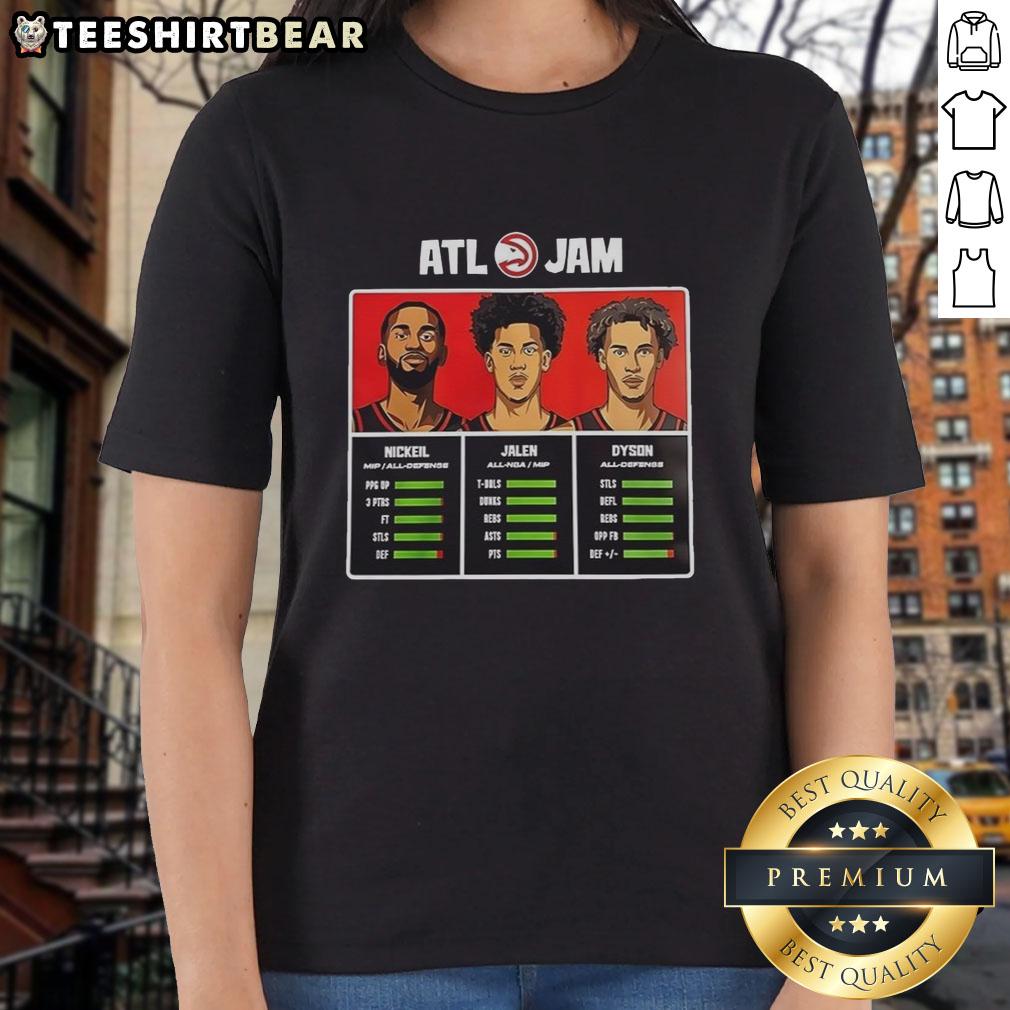 Alt Text: Original Atlanta Hawks Nickeil Jalen and Dyson ATL Jam ladies tee featuring vibrant team colors and stylish design.