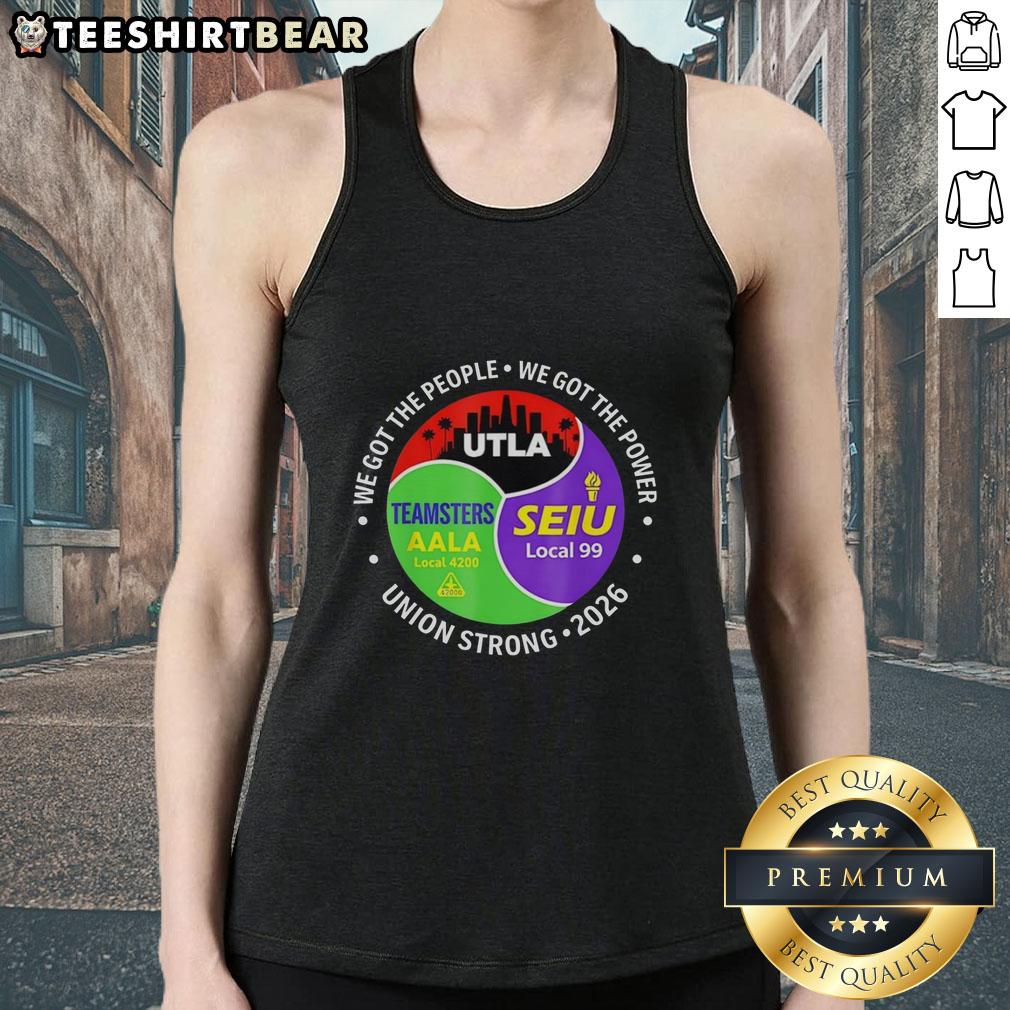 Original Labor Movement tank top featuring city skyline, SEIU & AALA logos, celebrating workers' rights and unity.