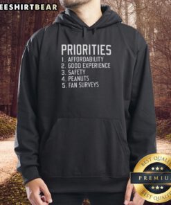 Original Priorities hoodie featuring affordability, good experience, and safety themes with peanuts fan survey design.