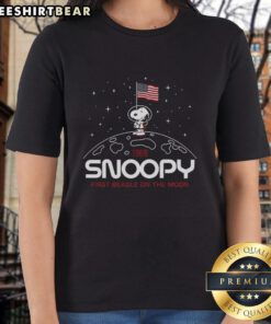 Alt Text: Original Snoopy First Beagle on the Moon 1969 Patriotic Ladies Tee featuring Snoopy in a space suit with American flag.