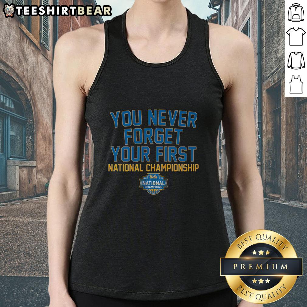 UCLA Bruins WBB 'You Never Forget Your First National Championship 2026' tank top featuring bold team colors and logo.