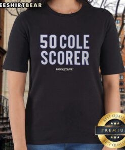 Alt Text: Premium Cole Caufield 50 Score Montreal Canadiens hockey ladies tee featuring a stylish design for fans.