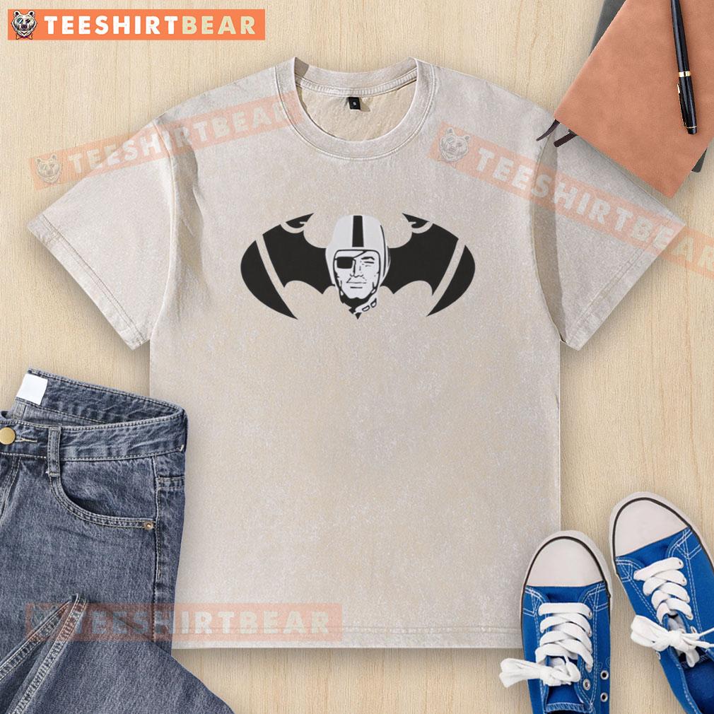 Alt Text: Premium Las Vegas Raiders x Batman logo washed t-shirt featuring a stylish design for fans of both brands.