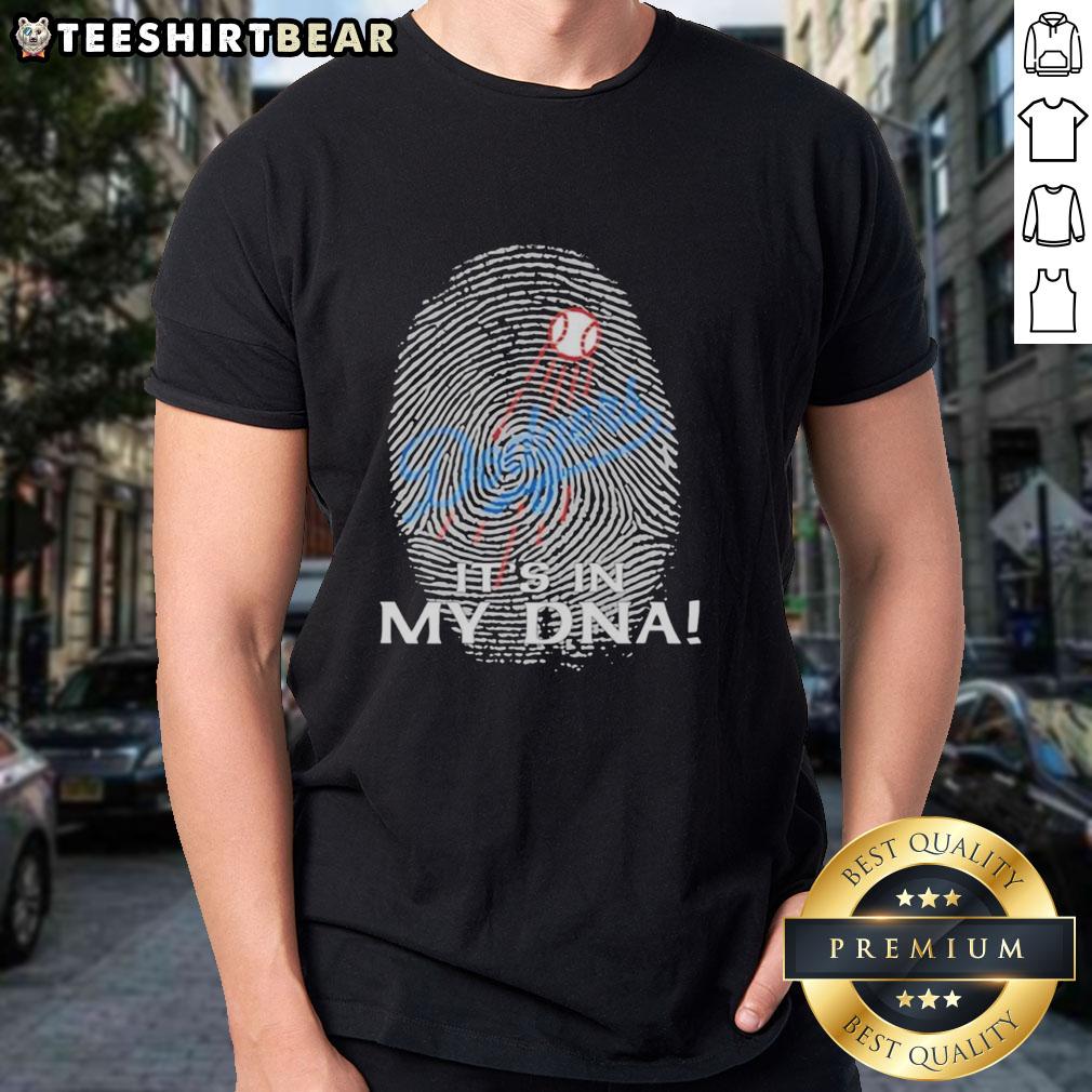Alt Text: Premium Los Angeles Dodgers MLB It's In My DNA fingerprint t-shirt showcasing team pride and style.