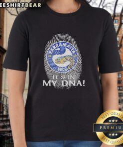 Premium Parramatta Eels Rugby 'It's In My DNA' Fingerprint Ladies Tee featuring team colors and stylish design.