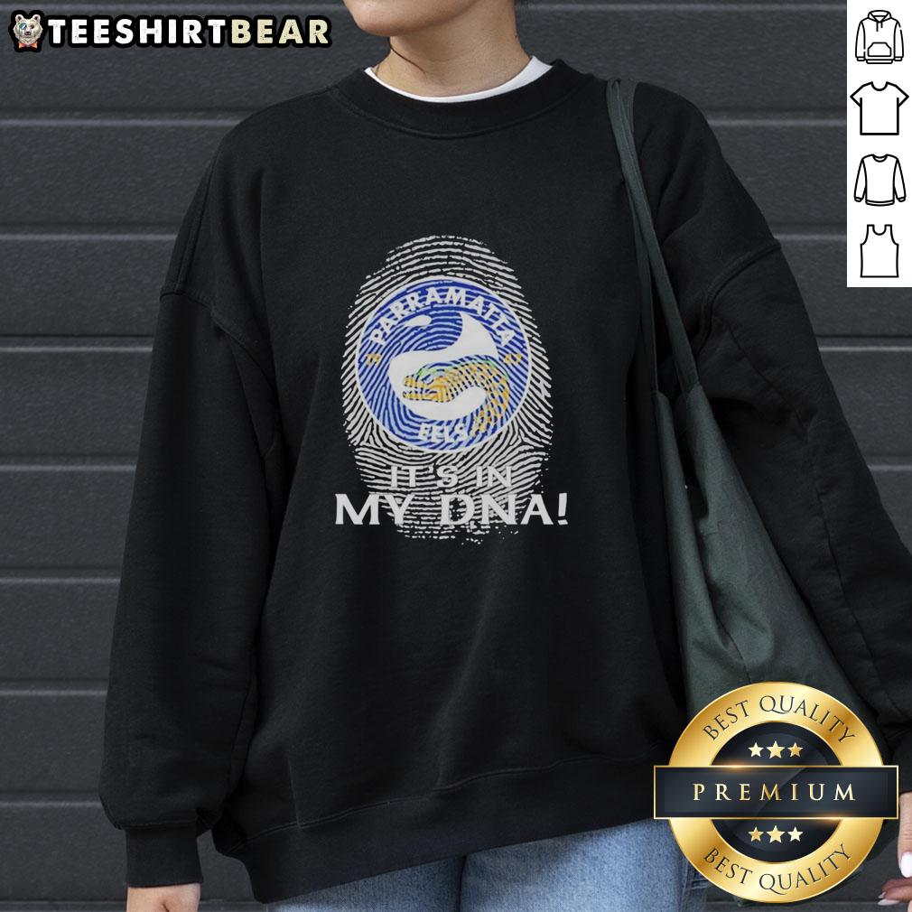 Premium Parramatta Eels Rugby sweatshirt featuring 'It's In My DNA' design, perfect for fans showcasing team pride.