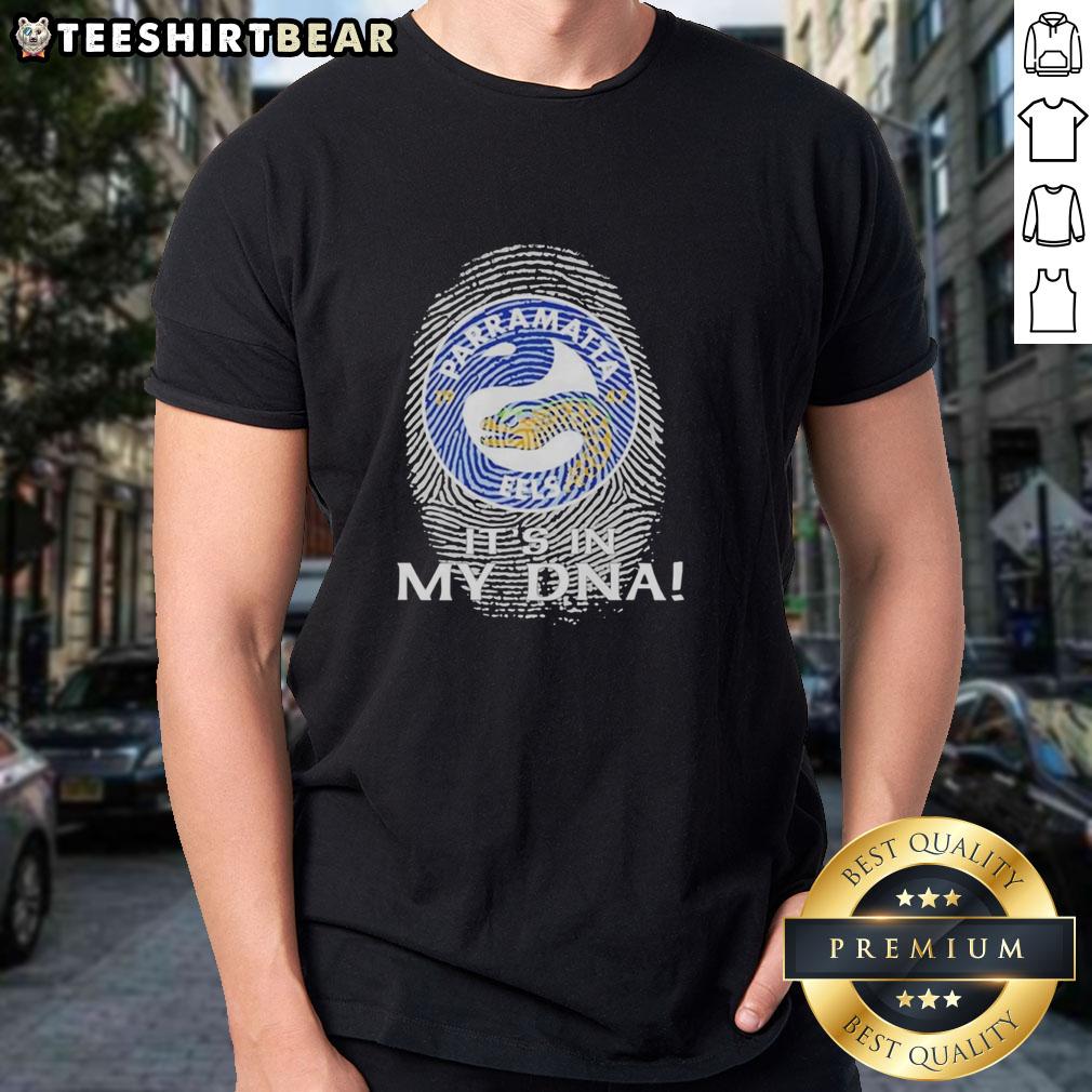Alt Text: Premium Parramatta Eels Rugby It's In My DNA Fingerprint T-Shirt showcasing team spirit and unique design.