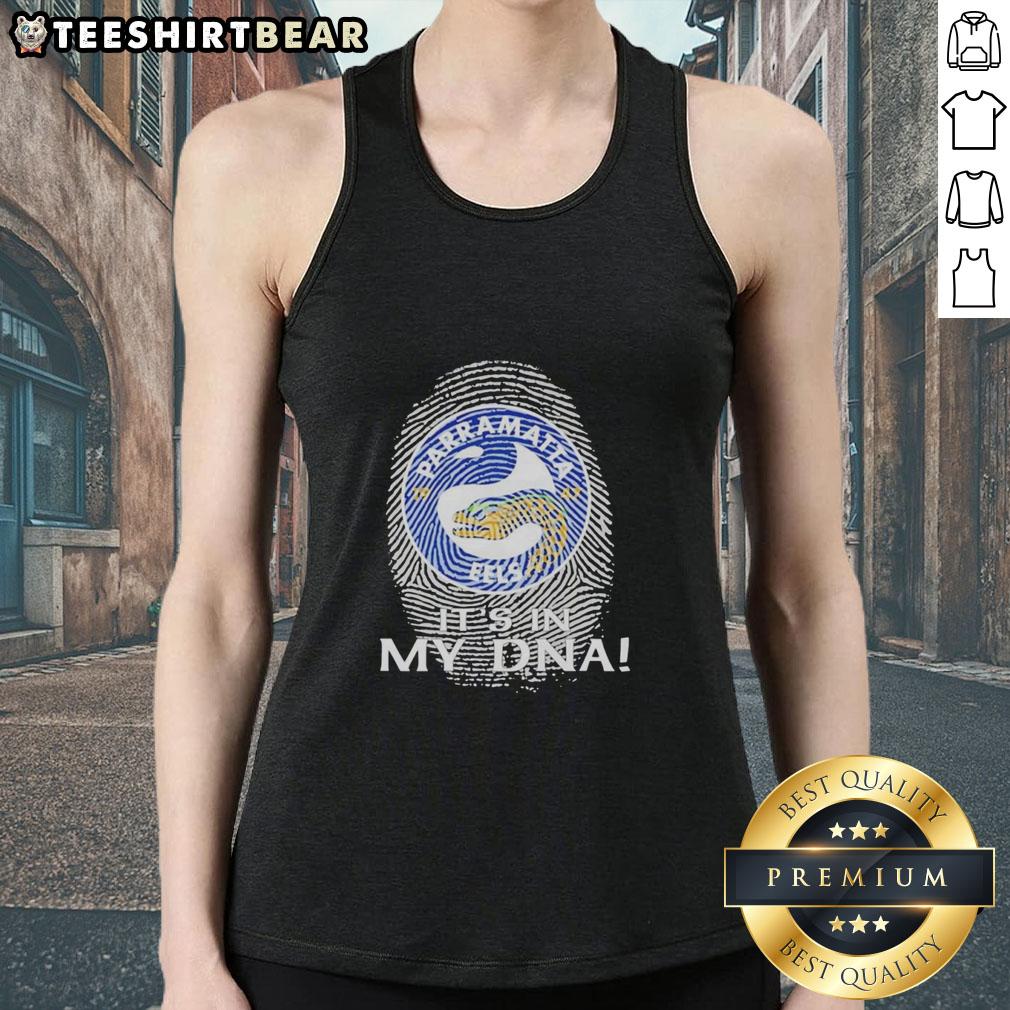 Premium Parramatta Eels Rugby tank top featuring 'It's In My DNA' design, perfect for fans and casual wear.