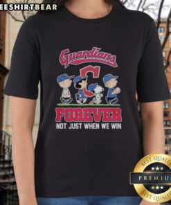 Alt Text: Pretty Peanuts Characters X Cleveland Guardians MLB tee for ladies, celebrating fandom and sportsmanship in style.