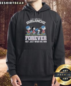 Pretty Peanuts characters on a Colorado Avalanche NHL hoodie, celebrating fandom with 'Forever Not Just When We Win' slogan.