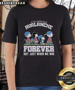 Pretty Peanuts characters with Colorado Avalanche NHL logo on a ladies tee, celebrating fandom beyond just winning.