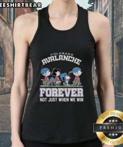 Pretty Peanuts characters on a Colorado Avalanche NHL tank top, featuring 'Forever Not Just When We Win' slogan.