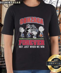 Alt Text: Pretty Peanuts characters with Gonzaga Bulldogs NBA Forever slogan on ladies tee, perfect for fans and casual wear.