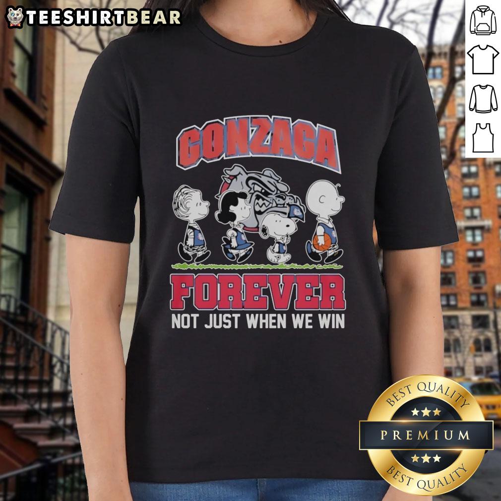 Alt Text: Pretty Peanuts characters with Gonzaga Bulldogs NBA Forever slogan on ladies tee, perfect for fans and casual wear.