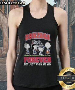 Pretty Peanuts characters on Gonzaga Bulldogs tank top, celebrating NBA spirit with 'Forever, Not Just When We Win' design.