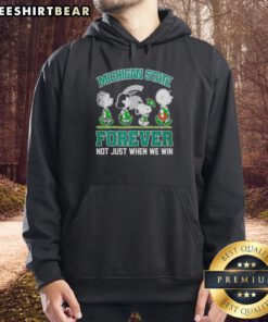 Alt Text: Pretty Peanuts characters in Michigan State Spartans hoodie, celebrating NBA spirit: 'Forever, Not Just When We Win.'
