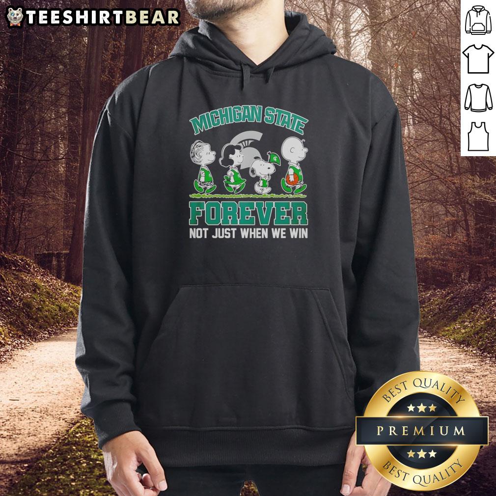 Alt Text: Pretty Peanuts characters in Michigan State Spartans hoodie, celebrating NBA spirit: 'Forever, Not Just When We Win.'