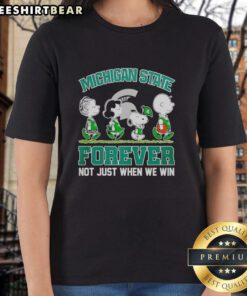 Alt Text: Pretty Peanuts characters with Michigan State Spartans theme on a ladies tee, celebrating NBA spirit beyond wins.