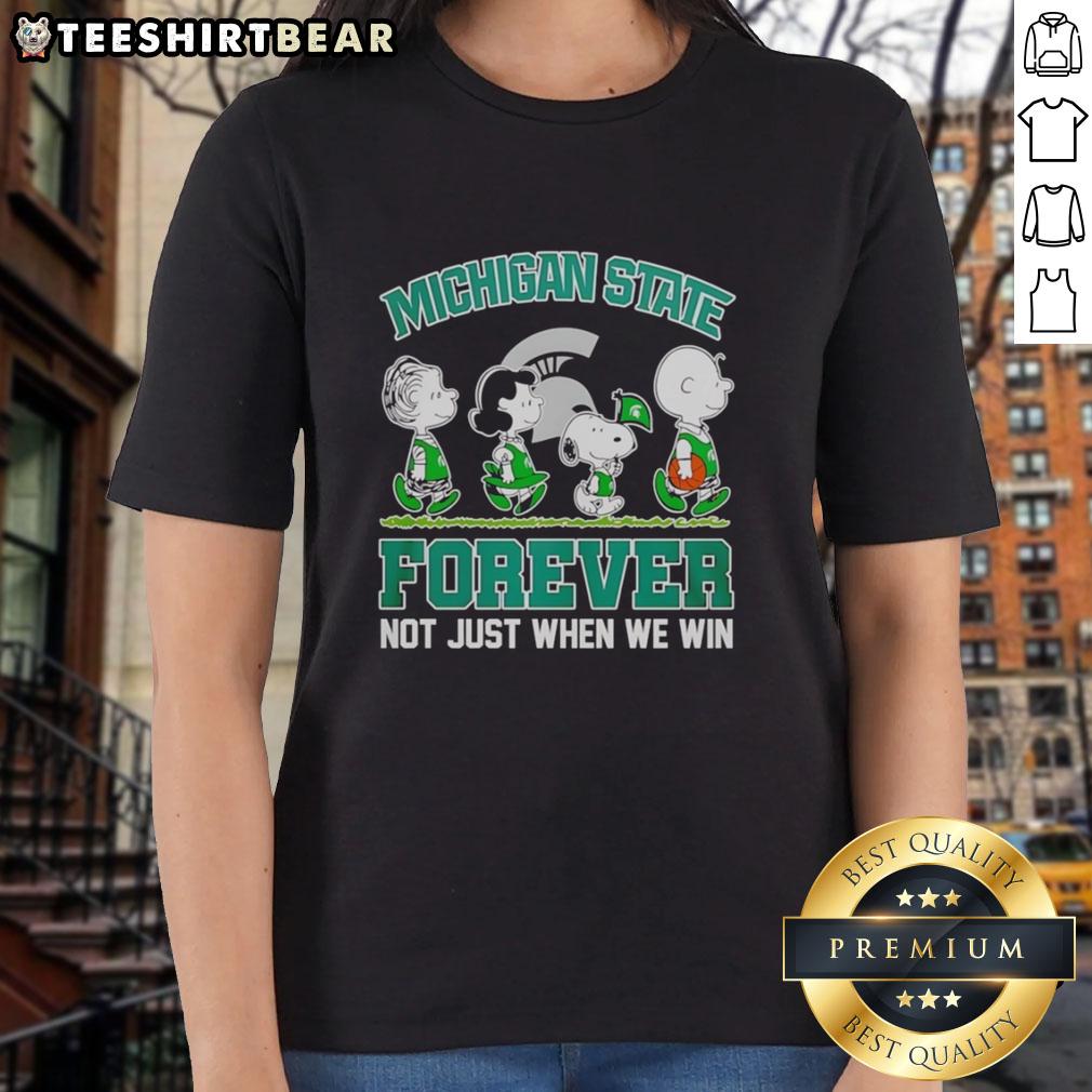 Alt Text: Pretty Peanuts characters with Michigan State Spartans theme on a ladies tee, celebrating NBA spirit beyond wins.