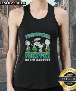 Pretty Peanuts characters in Michigan State Spartans tank top, celebrating NBA spirit with 'Not Just When We Win' slogan.