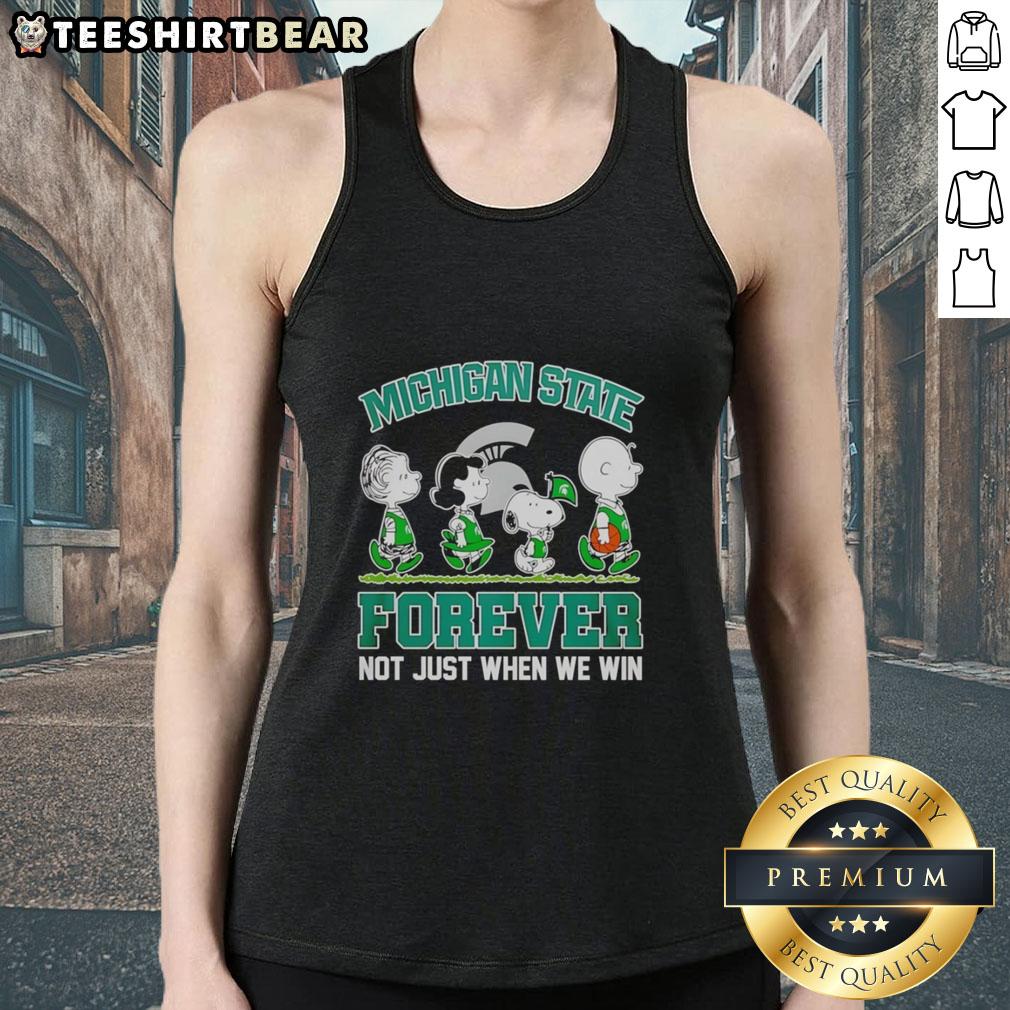 Pretty Peanuts characters in Michigan State Spartans tank top, celebrating NBA spirit with 'Not Just When We Win' slogan.