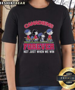 Pretty Peanuts characters on a Montreal Canadiens NHL tee: 'Forever, Not Just When We Win' for ladies.
