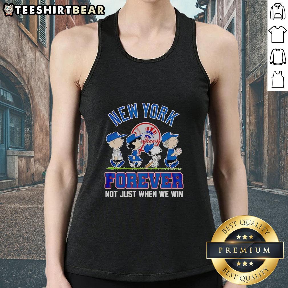 Alt Text: Pretty Peanuts characters in New York Yankees MLB tank top - 'Forever, Not Just When We Win' design.