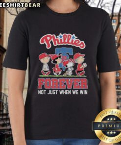 Pretty Peanuts characters on a Philadelphia Phillies MLB tee, celebrating fandom with 'Forever, Not Just When We Win' slogan.