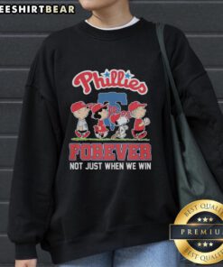 Pretty Peanuts characters in Philadelphia Phillies MLB sweatshirt, showcasing 'Forever Not Just When We Win' design.