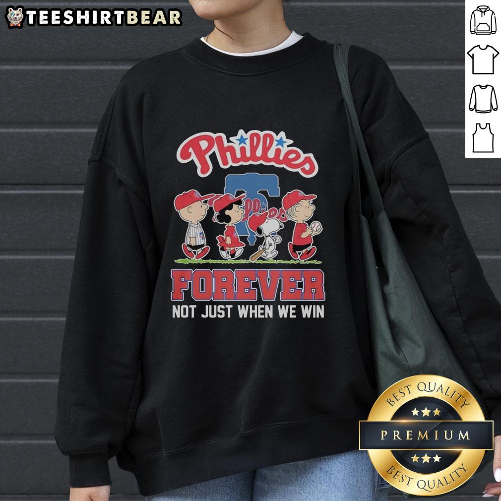 Pretty Peanuts characters in Philadelphia Phillies MLB sweatshirt, showcasing 'Forever Not Just When We Win' design.