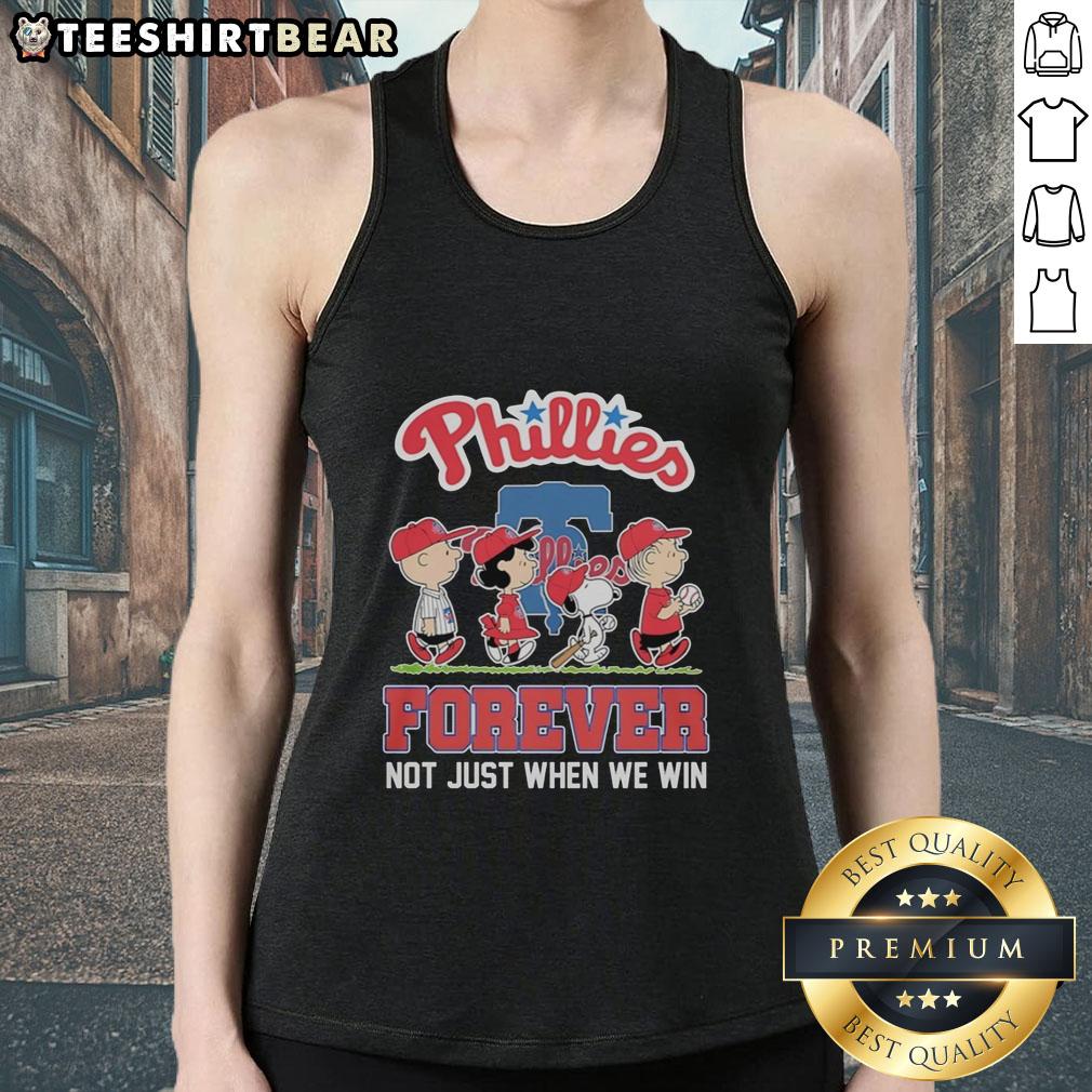Pretty Peanuts characters on a Philadelphia Phillies MLB tank top, celebrating fandom with 'Forever Not Just When We Win' slogan.