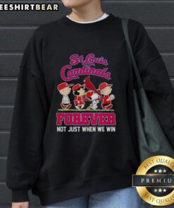 Pretty Peanuts characters in St. Louis Cardinals MLB sweatshirt, celebrating fandom year-round, not just during wins.