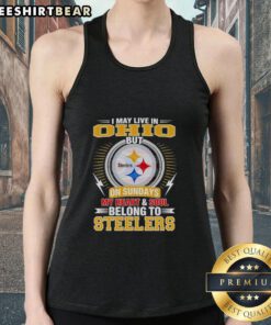 Pretty Pittsburgh Steelers tank top with 'I may live in Ohio, but my heart belongs to Steelers' design for fans.
