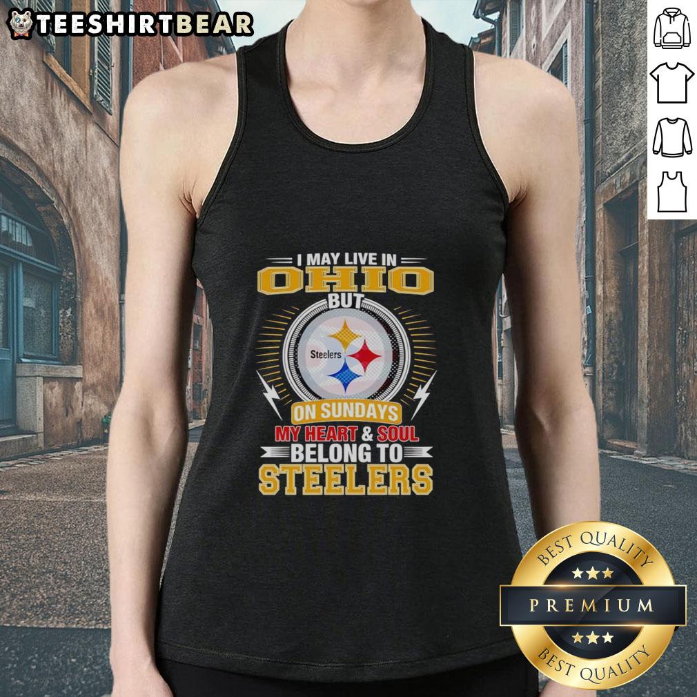 Pretty Pittsburgh Steelers tank top with 'I may live in Ohio, but my heart belongs to Steelers' design for fans.