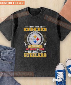 Washed t-shirt featuring 'I May Live In Ohio But My Heart Belongs To Steelers' for Pittsburgh Steelers fans.