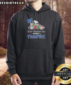 Alt Text: Snoopy and Woodstock driving a car in a Detroit Tigers hoodie, promoting autism acceptance, understanding, and love.