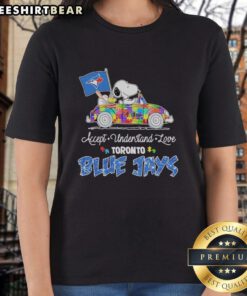 Alt Text: Cute Snoopy and Woodstock driving a car, promoting autism acceptance on a Toronto Blue Jays ladies tee.