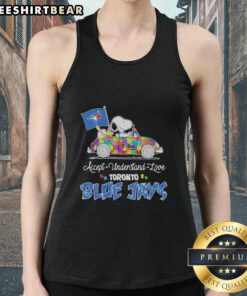 Snoopy and Woodstock driving a car on a Toronto Blue Jays tank top promoting autism acceptance and love.