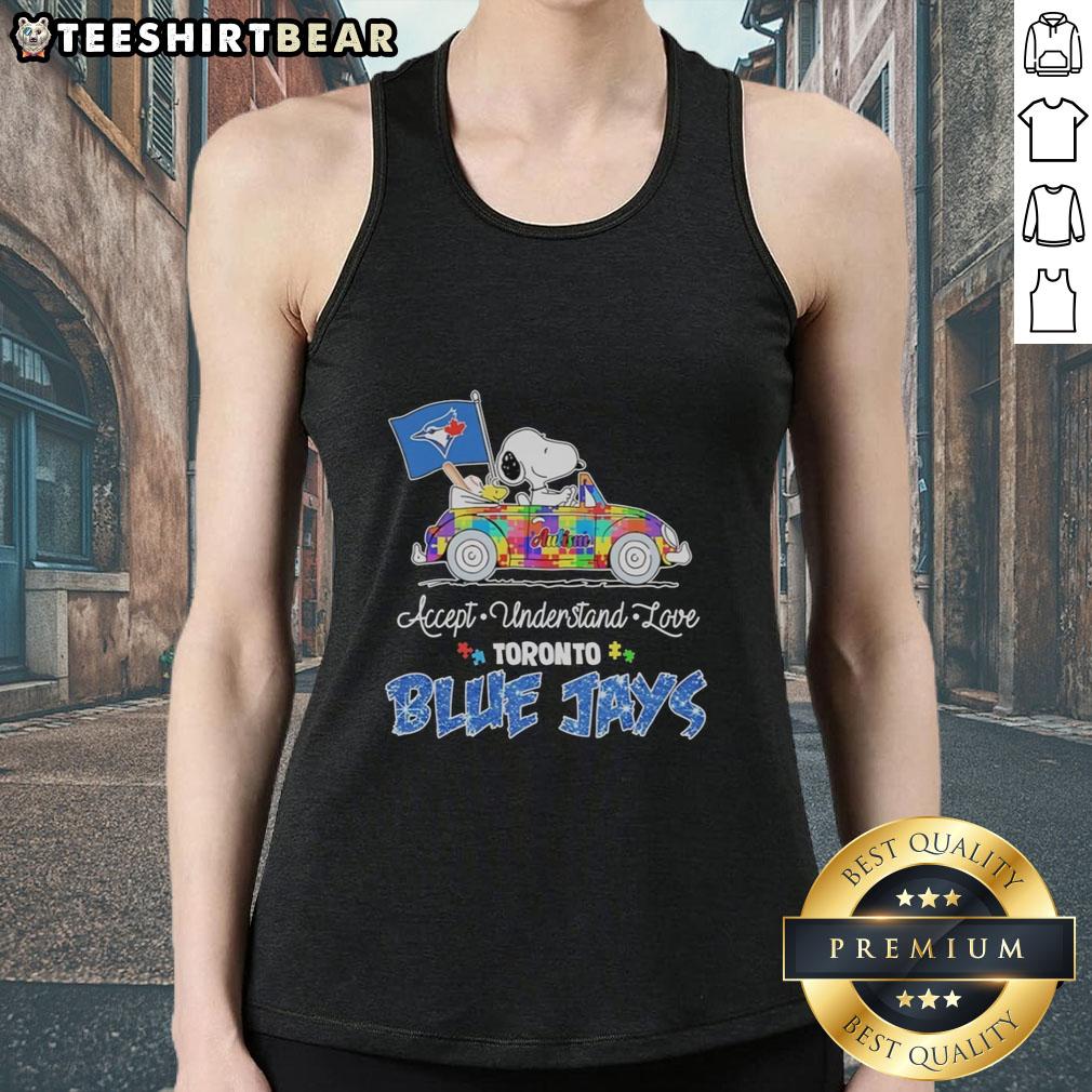 Snoopy and Woodstock driving a car on a Toronto Blue Jays tank top promoting autism acceptance and love.