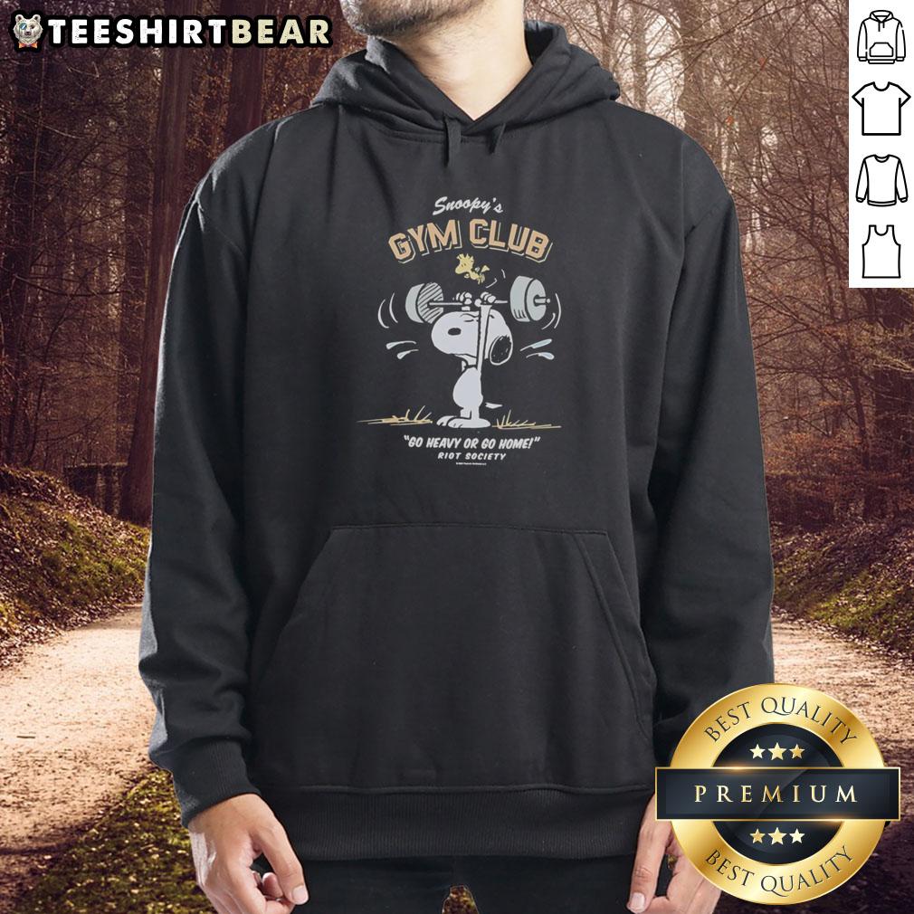Alt Text: Pretty Snoopy's Gym Club 'Go Heavy or Go Home' Riot Society hoodie featuring a stylish design and vibrant colors.