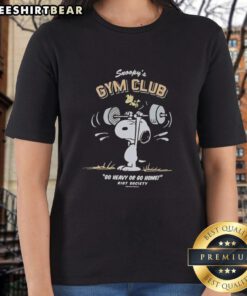 Pretty Snoopy's Gym Club 'Go Heavy or Go Home' Riot Society ladies tee featuring a fun and stylish design.