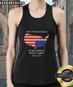 Alt Text: George Carlin tank top design featuring 'The United States Is An Oil Company With An Army' slogan.