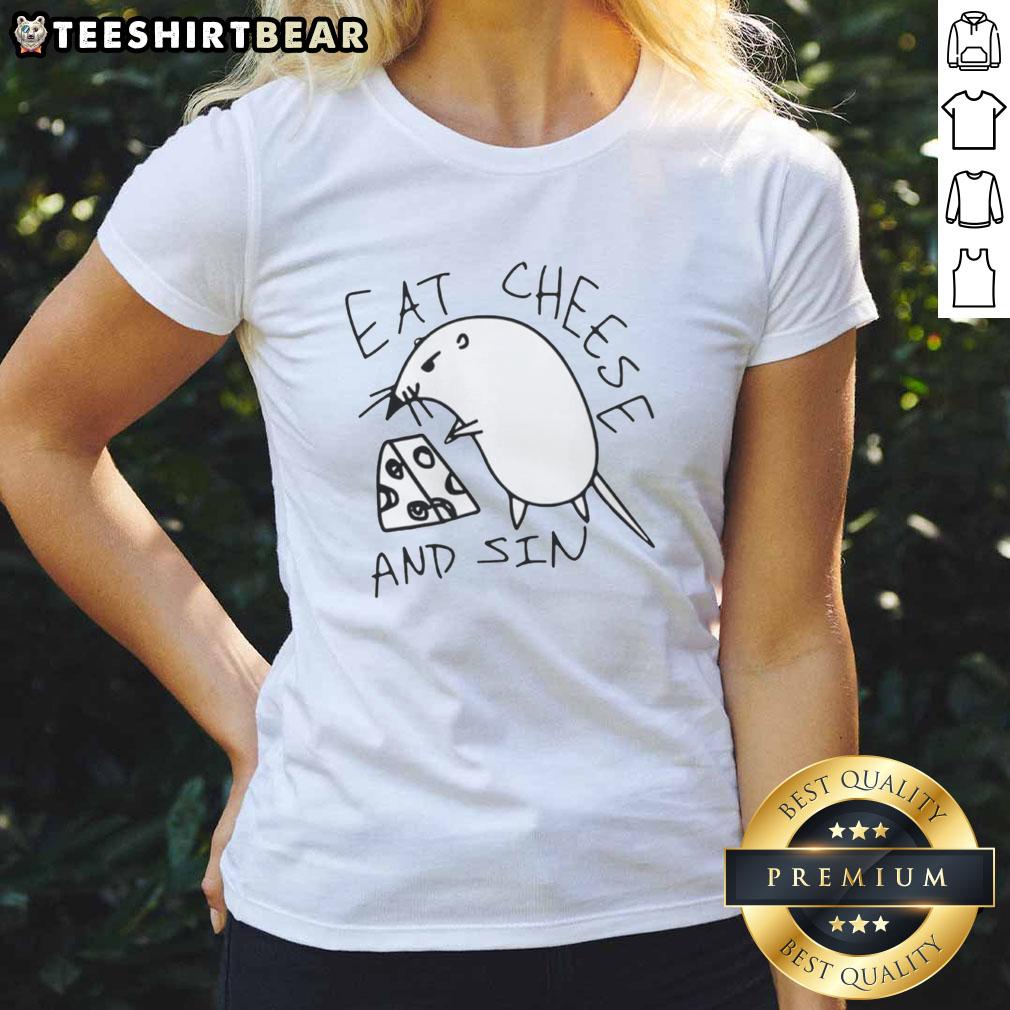 Pretty Tokyo Canvas Eat Cheese And Sin meme ladies tee featuring a fun graphic design and vibrant colors.