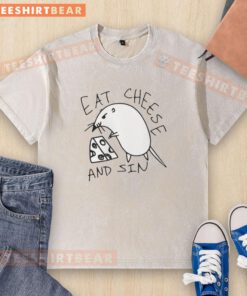 Pretty Tokyo canvas washed t-shirt featuring 'Eat Cheese and Sin' meme design, perfect for casual wear.