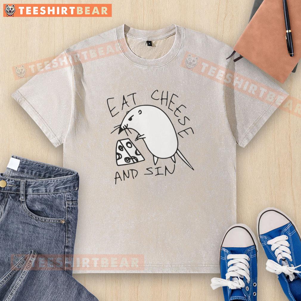 Pretty Tokyo canvas washed t-shirt featuring 'Eat Cheese and Sin' meme design, perfect for casual wear.