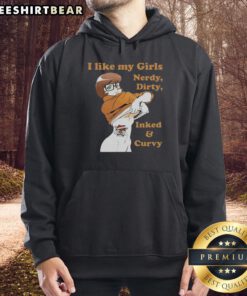Alt Text: Pretty Velma Dinkley Scooby-Doo hoodie featuring 'I Like My Girls Nerdy Dirty Inked and Curvy' slogan.