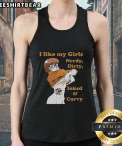 Pretty Velma Dinkley in a tank top reading 'I Like My Girls Nerdy, Dirty, Inked, and Curvy' from Scooby-Doo.