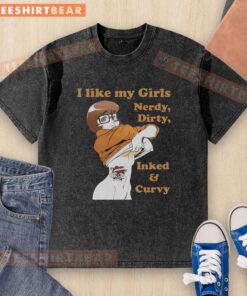 Pretty Velma Dinkley Scooby-Doo T-shirt featuring 'I Like My Girls Nerdy, Dirty, Inked, and Curvy' design.